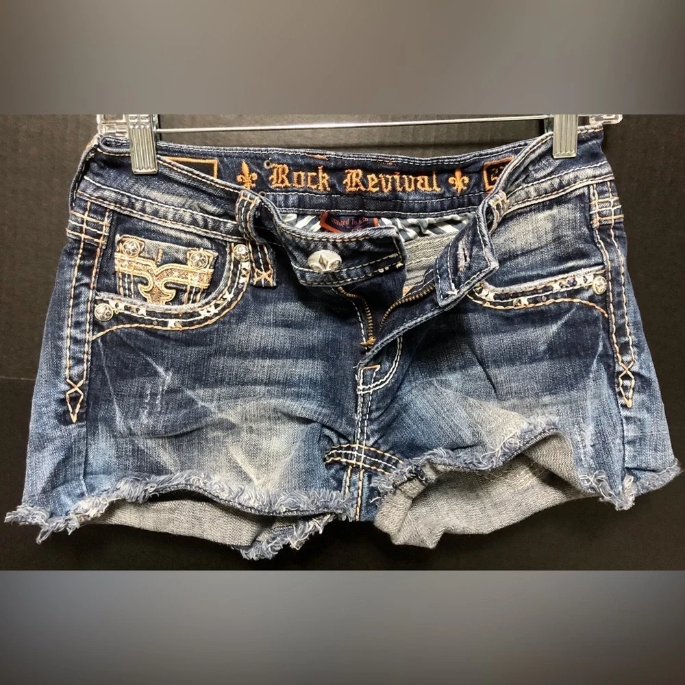 💘Rock Revival ⚜️ Angie Blue Distressed Denim Shorts - Picture 3 of 11